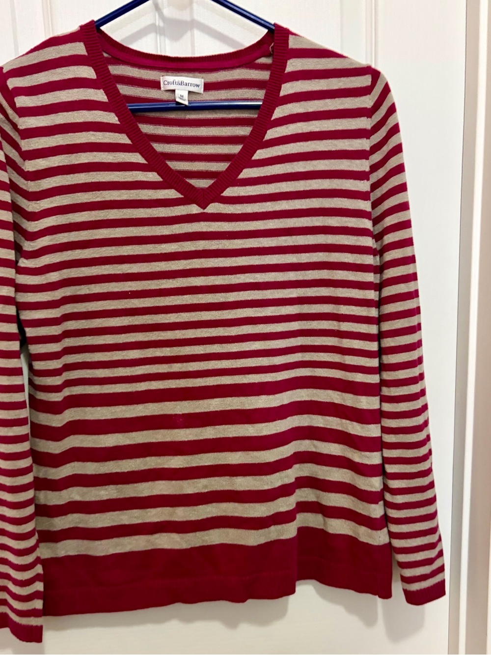 croft & barrow Red and Cream Striped V-Neck Sweater